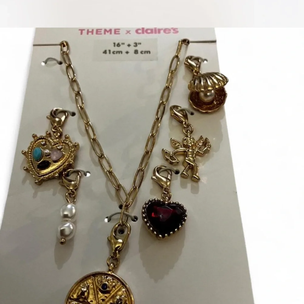 Claire's Gold Charm Necklace with Heart and Pearl Accents